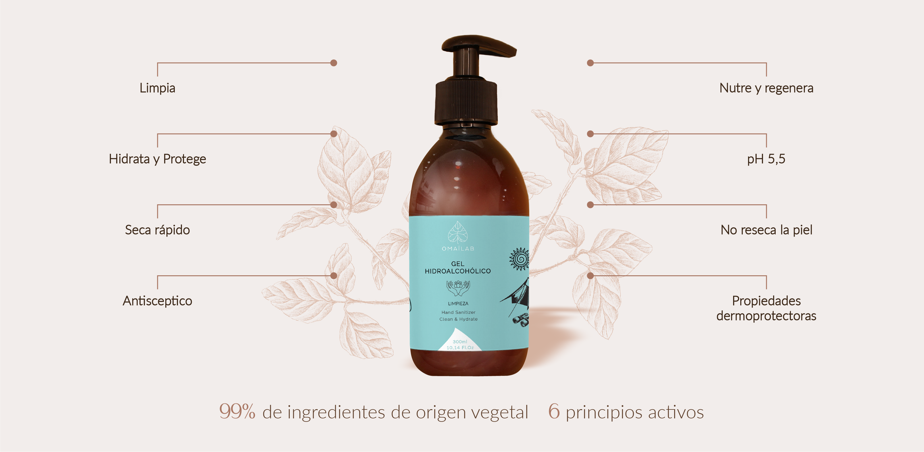 Gel hidroalcohólico ecológico 300 ml OMAÏLAB protege y cuida las manos de viaje